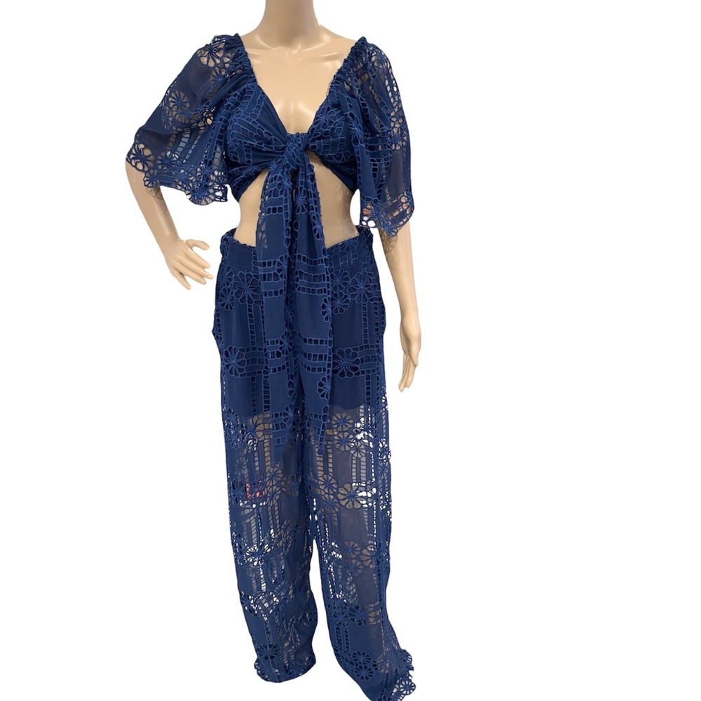 Made Premium navy blue lace crop top and wide-leg pants set